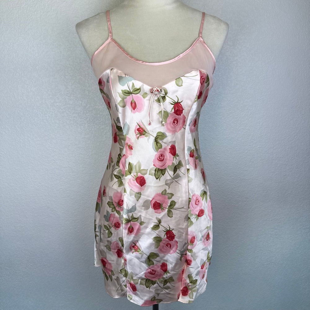 Jaclyn Smith Coquette Rose Floral Satin Chemise Slip Dress Mesh Trim Y2K Sz Med‎